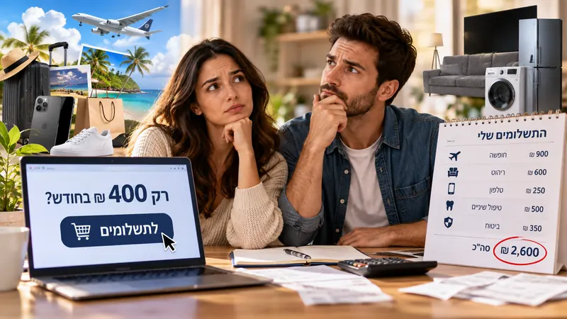 זוג יושב בבית ומתלבט מול מחשב שמציג עסקה בתשלומים, לצד לוח עם התחייבויות חודשיות, קבלות ומוצרים שנרכשו.